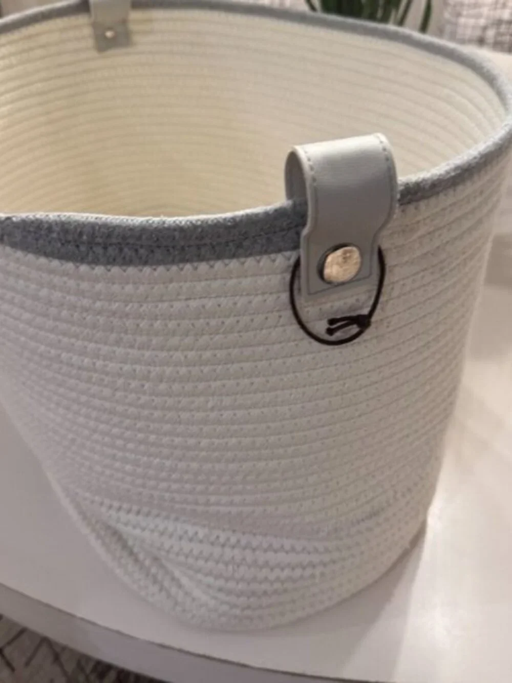 Grey and cream weaved basket. 15 x 18 x 12. New